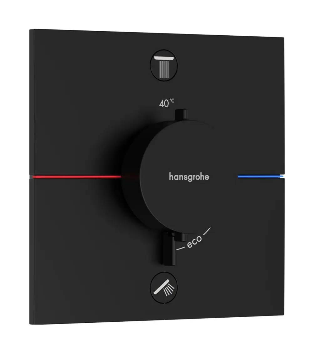 Schwarzes Thermostat mit zentralem Drehregler von Hansgrohe. Temperatureinstellung bis 40°C, Eco-Funktion und Symbole zur Benutzerführung. Montage für zwei Verbraucher.